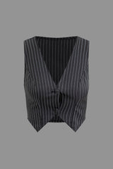 Pinstripe V-neck Vest And Bow Tie Mini Skirt Set