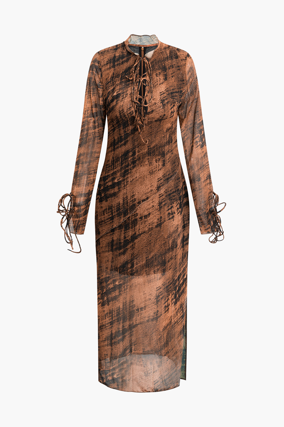 Abstract Print Lace-up Long Sleeve Maxi Dress