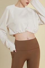 Round Neck Drawstring Hem Crop Sweatshirt