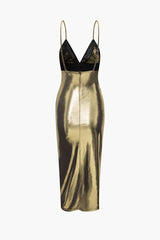 V-neck Metallic Ruched Slit Midi Dress