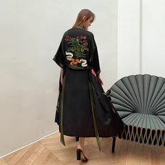 Black Khaki Women's Light Luxury Silky Satin Kimono Robe