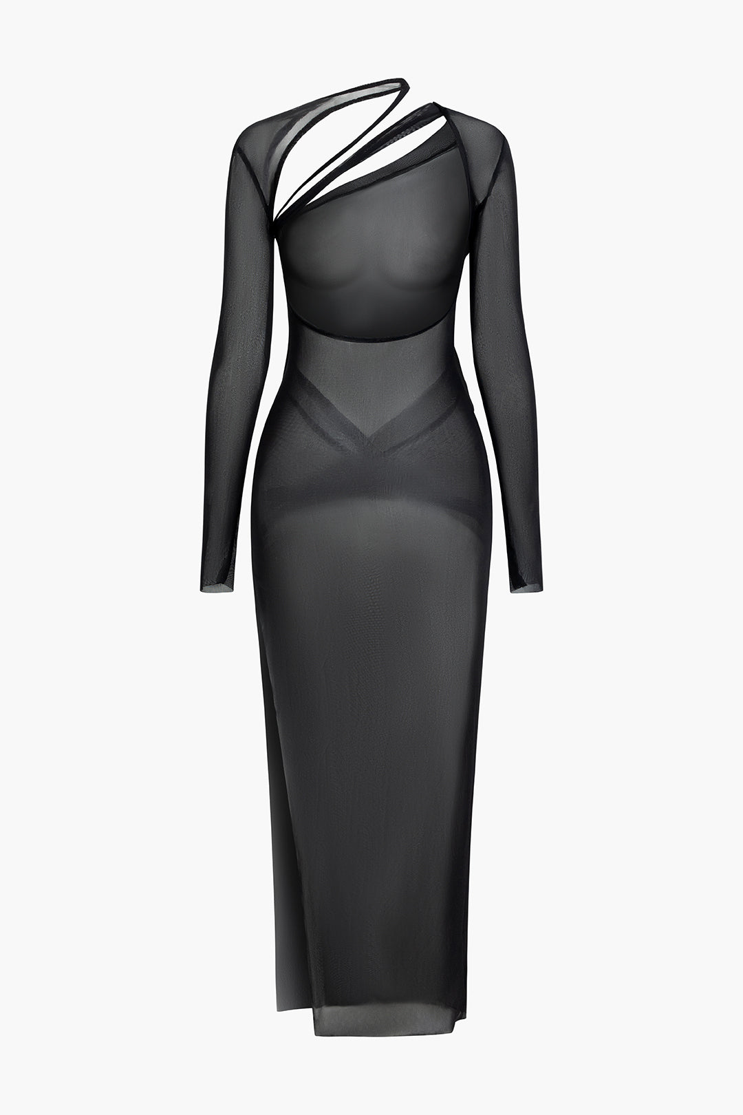 Asymmetric Sheer Mesh Slit Long Sleeve Maxi Dress