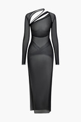 Asymmetric Sheer Mesh Slit Long Sleeve Maxi Dress