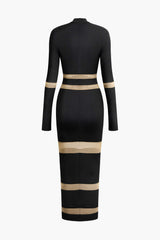 Mesh Patchwork Mock Neck Long Sleeve Maxi Dress