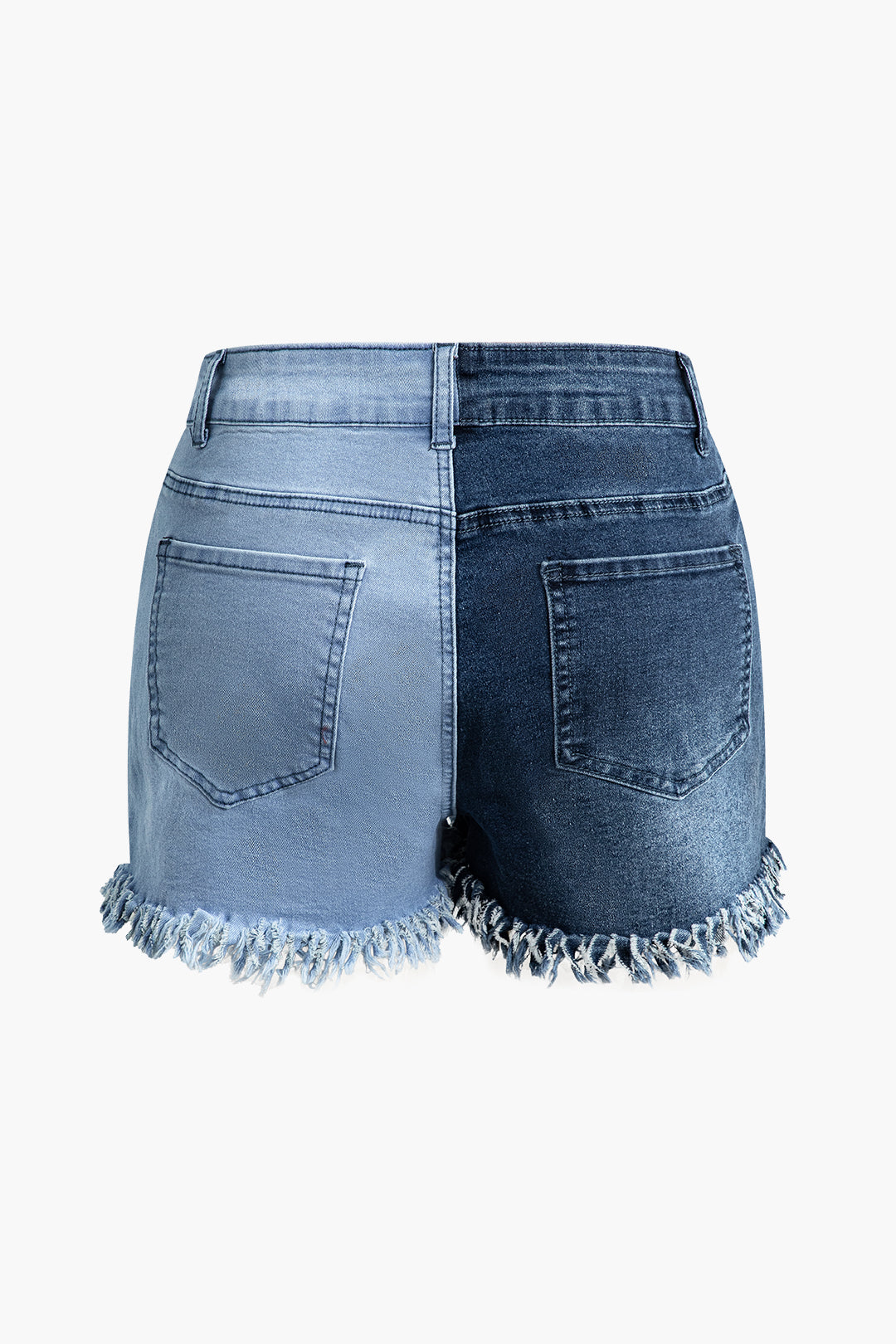 Patchwork Fringe Hem Zipper Denim Shorts