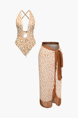 Leopard Print Wrap Tie Swimsuit And Knot Side Cover-Up Skirt Set