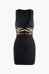 Hands Print U-neck Sleeveless Mini Dress