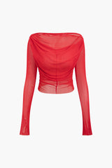 Wrap Ruched Mesh Boat Neck Long Sleeve Top