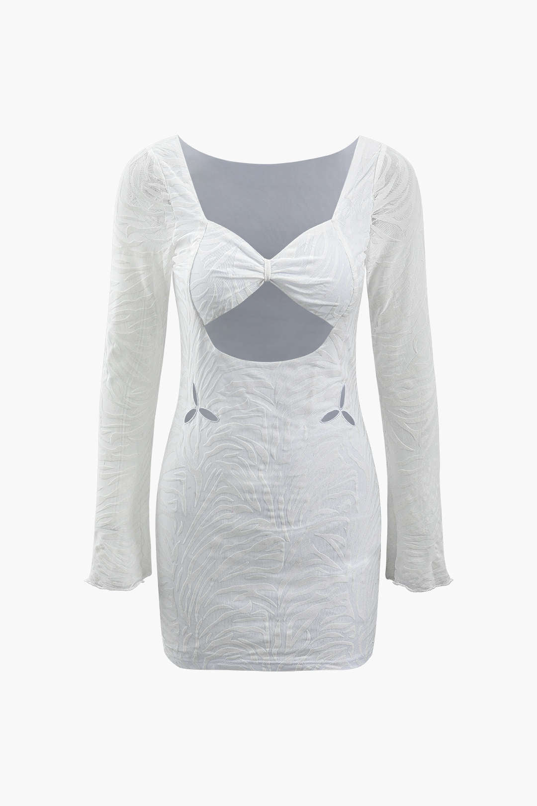 Flocked Mesh Cut Out Long Sleeve Mini Dress
