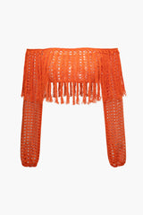 Tassel Off Shoulder Knit Crop Top And Beach Maxi Skirt Set