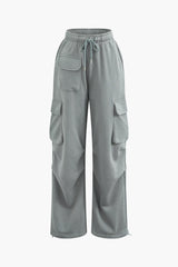 High Waist Drawstring Flap Pocket Straight Leg Pants