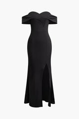 Off Shoulder Slit Pleated Maxi Dress