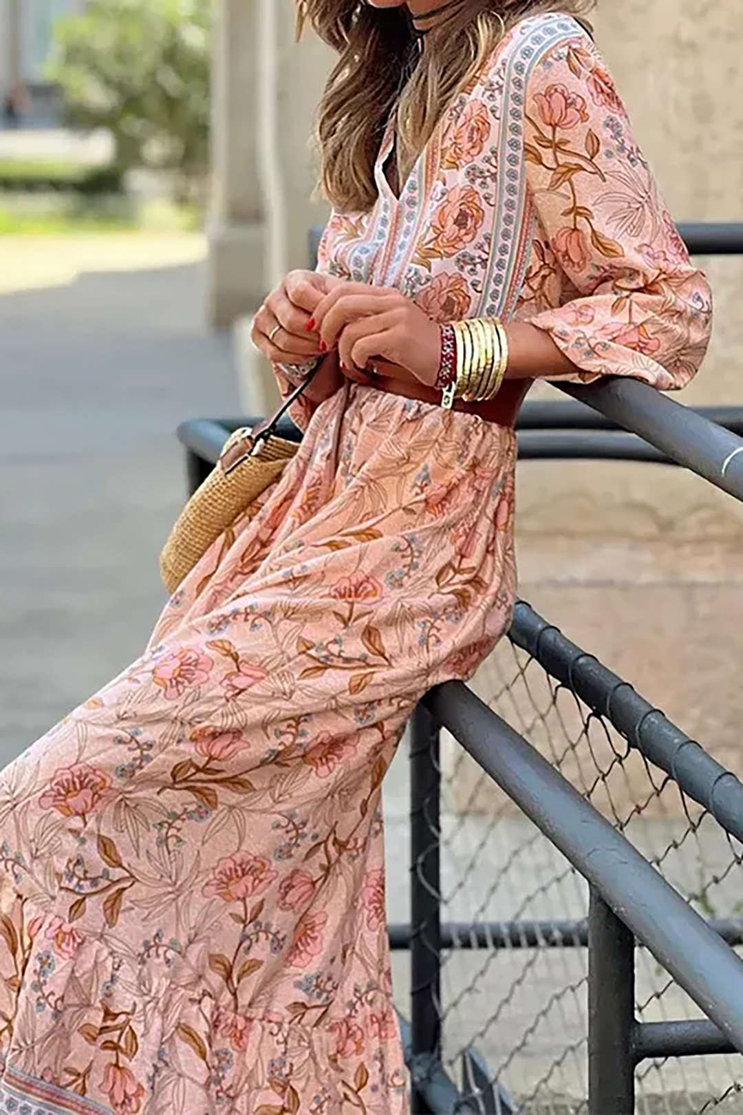 Floral Print V-neck Maxi Dress With Belt