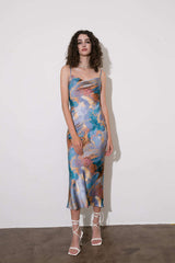 Abstract Print Backless Midi Slip Dress