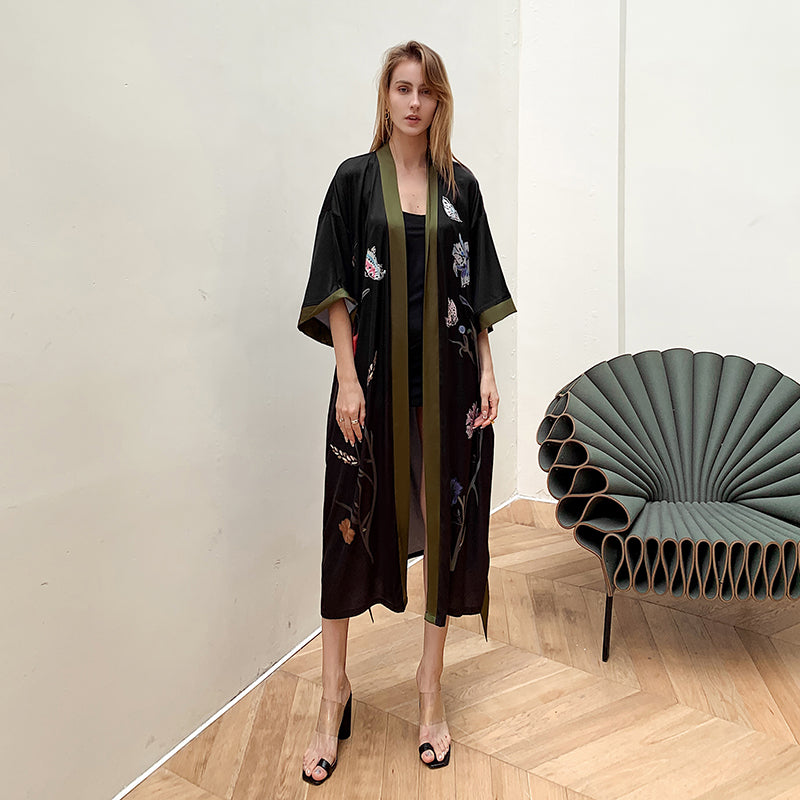 Black Khaki Women's Light Luxury Silky Satin Kimono Robe