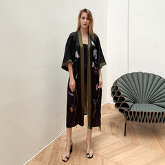 Black Khaki Women's Light Luxury Silky Satin Kimono Robe