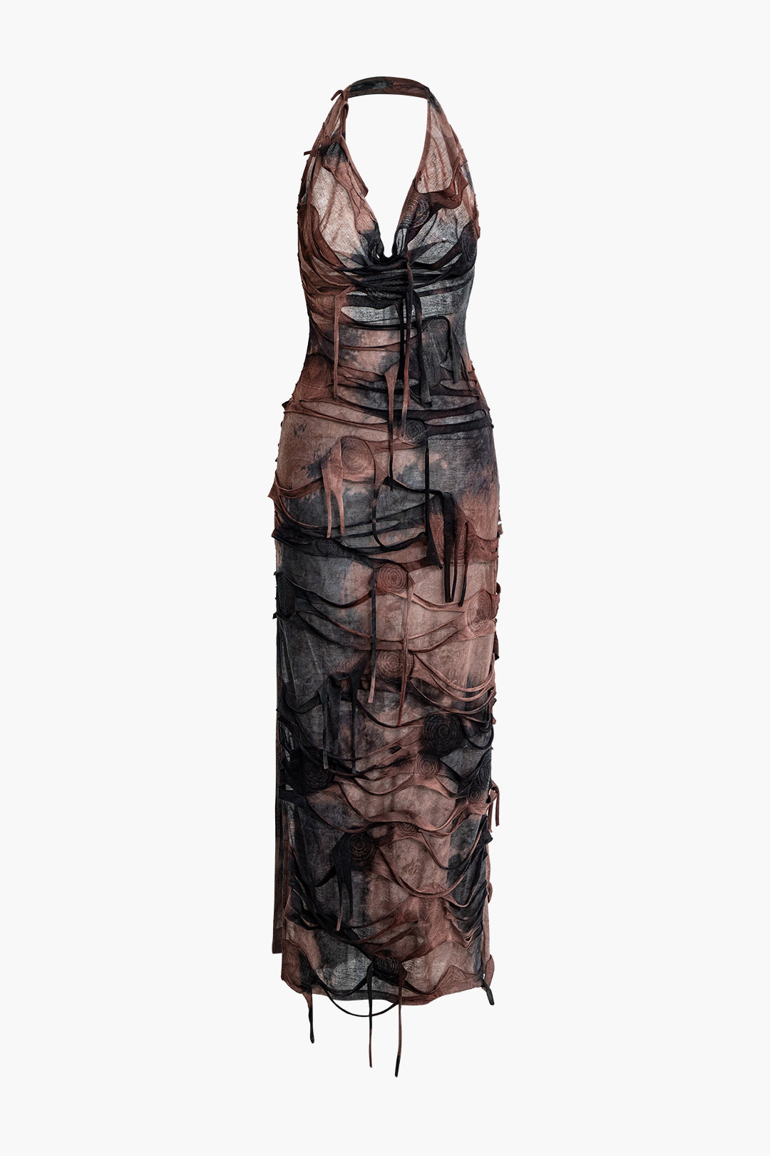 Tie Dye Distressed Mesh Slit Halter Cowl Neck Maxi Dress