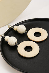 Woven Ball & Cutout Wood Circle Earrings