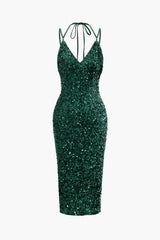 V-neck Sequin Halter Backless Slit Midi Dress