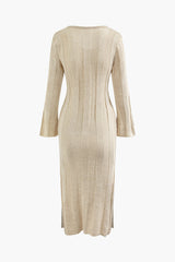 V-neck Bell Sleeve Knit Split Maxi Dress