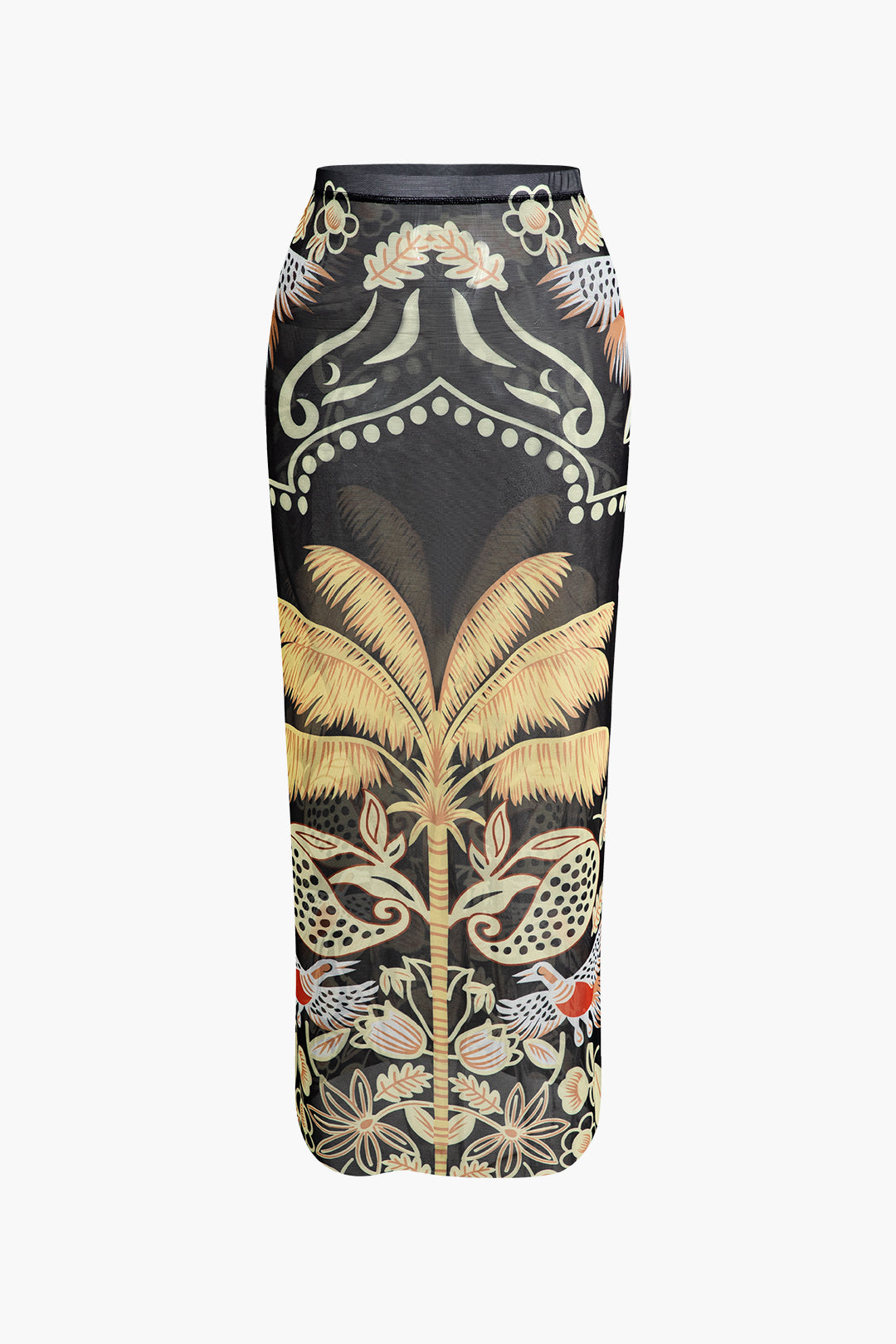 Coconut Tree Print Mesh Maxi Skirt