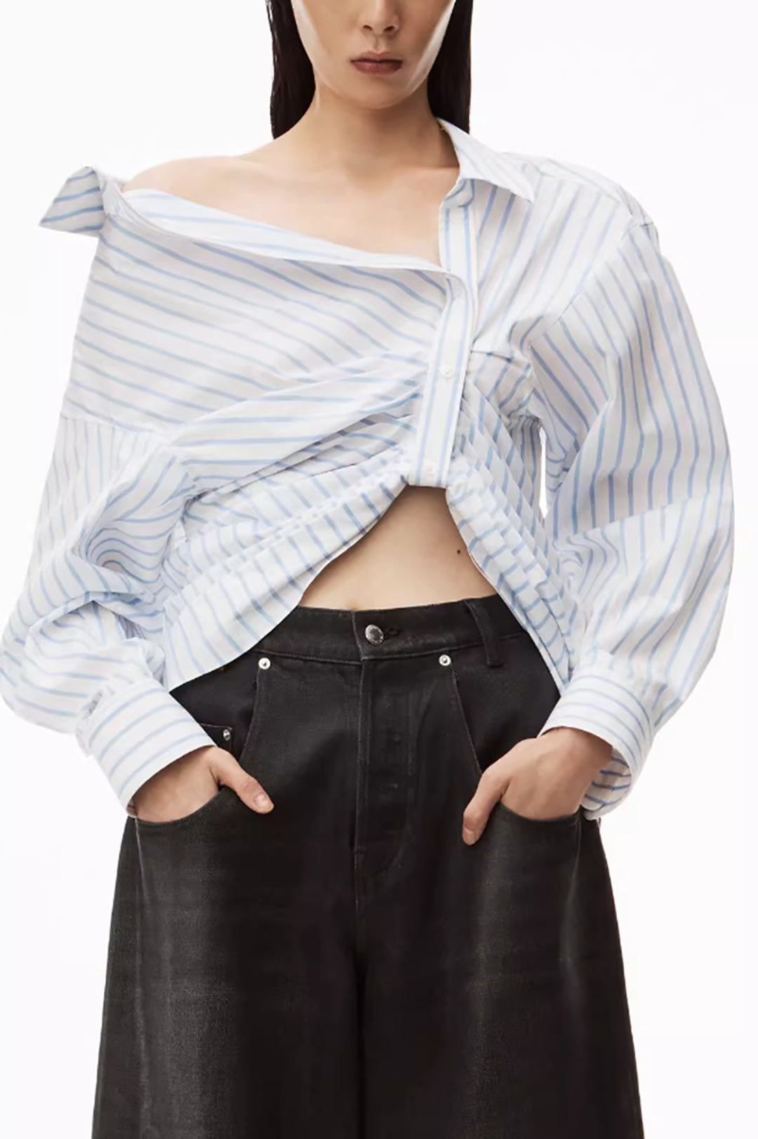 Asymmetrical Stripe Button Up Ruched Shirt