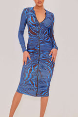 Abstract Print Zipper Ruched Long Sleeve Maxi Dress