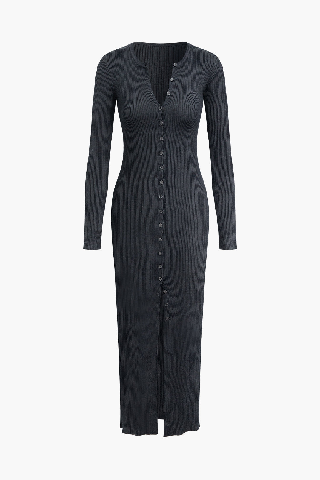 Button Up Ribbed Knit Long Sleeve Maxi Dress