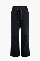 High Waist Drawstring Pocket Straight Leg Pants