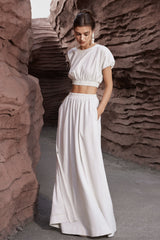 Linen-Blend Cuff Hem Crop Blouse