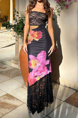 Floral Print Lace Patchwork Strapless Maxi Dress