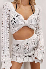 Open Knit Tie Back Crop Top And Mini Skirt Set