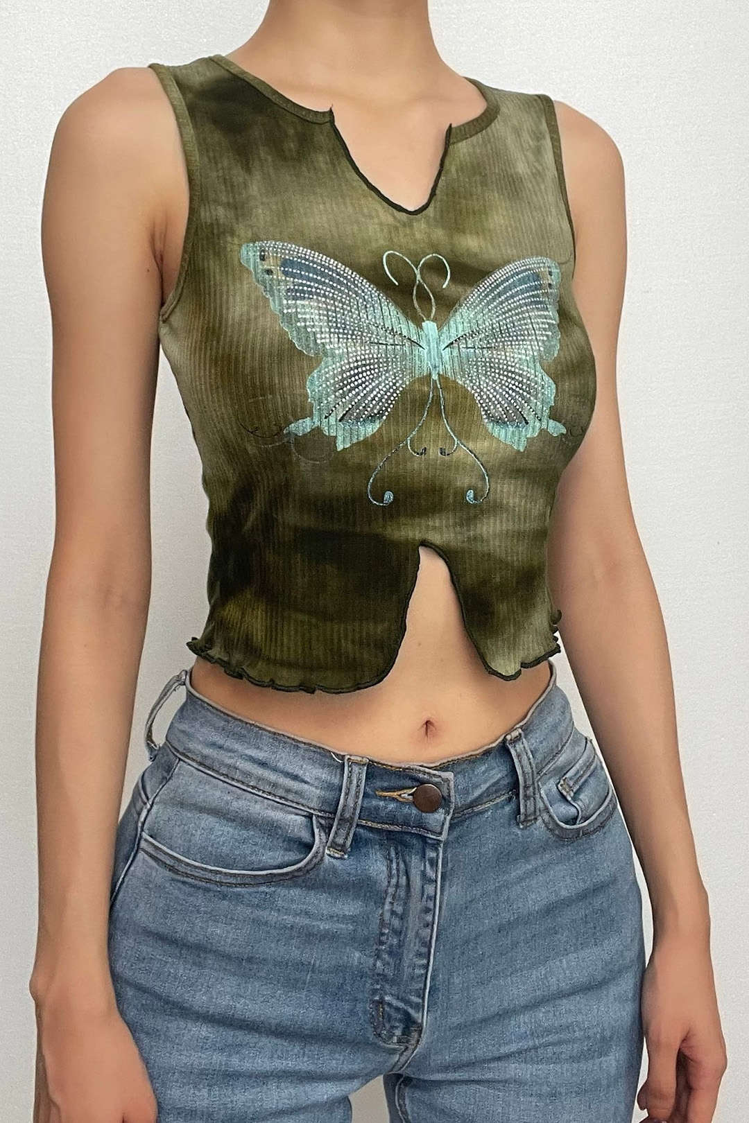 Butterfly Pattern V-neck Crop Tank Top