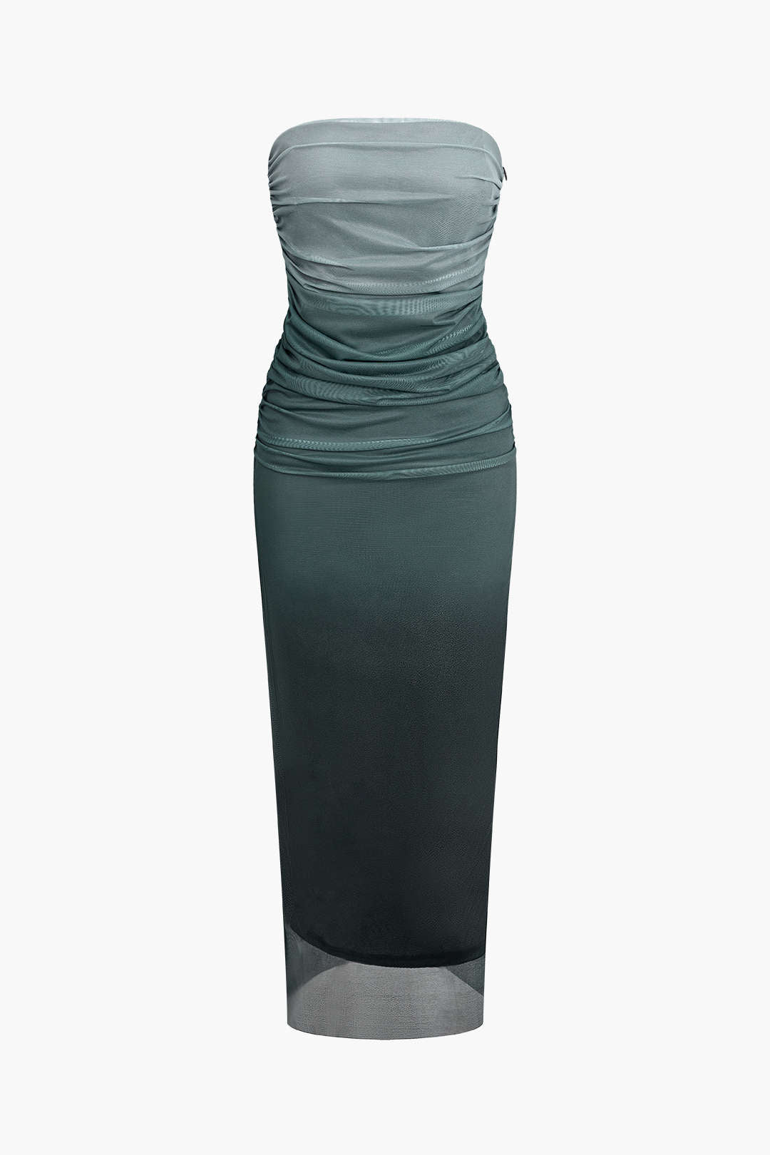 Ombre Mesh Ruched Strapless Midi Dress