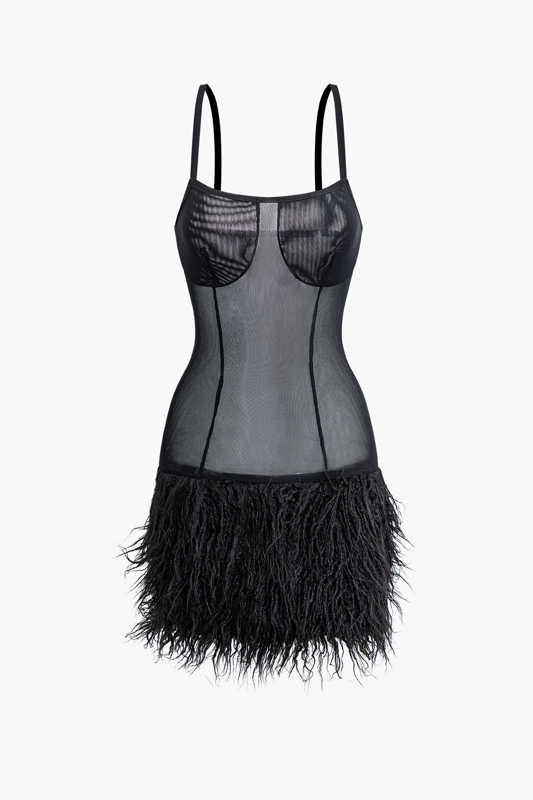 Faux Fur Hem Mesh Slip Mini Dress