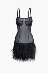 Faux Fur Hem Mesh Slip Mini Dress