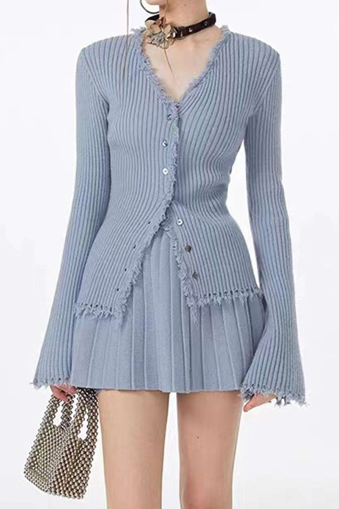 V-neck Bell Sleeve Frayed Trim Rib Knit Top