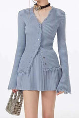V-neck Bell Sleeve Frayed Trim Rib Knit Top