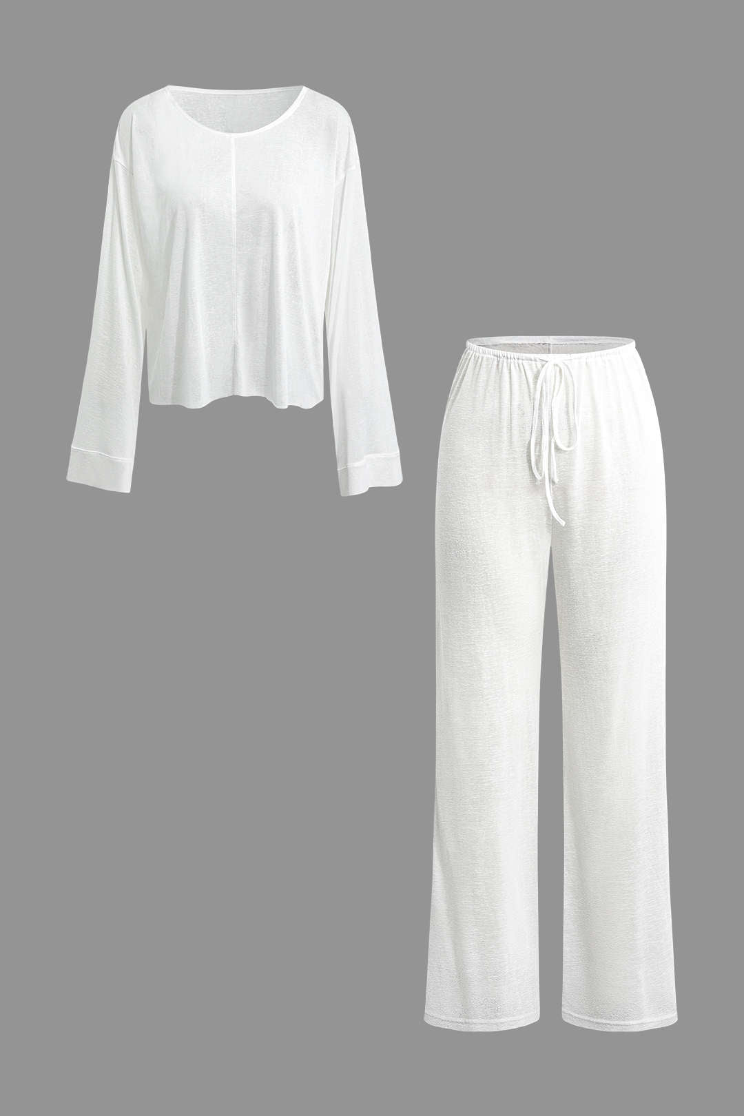Solid Crew Neck Long Sleeve Top And Drawstring Straight Leg Pants Set