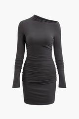 Asymmetrical Ruched Long Sleeve Mini Dress