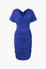 V-neck Short Sleeve Ruched Midi Dress