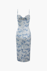 Floral Print Lace Trim Slit Maxi Dress