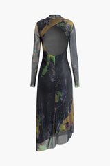 Abstract Print Cut Out Asymmetrical Hem Mesh Maxi Dress