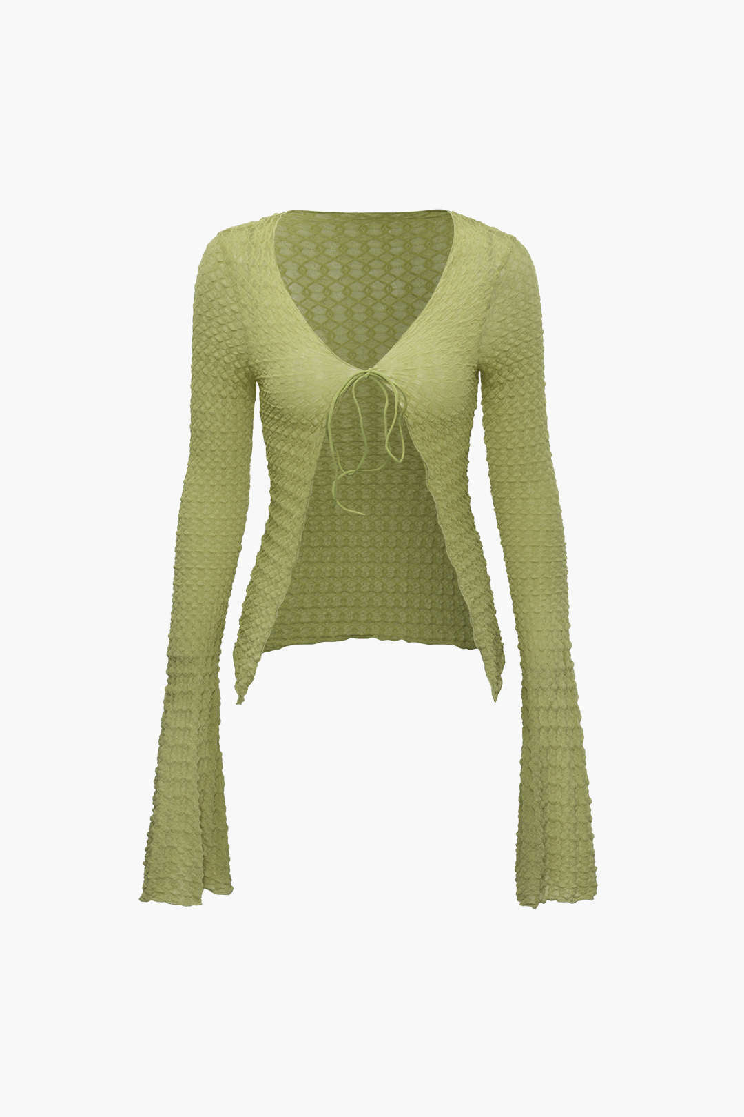 Textured Tie Front Bell Sleeve Top