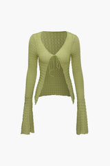 Textured Tie Front Bell Sleeve Top