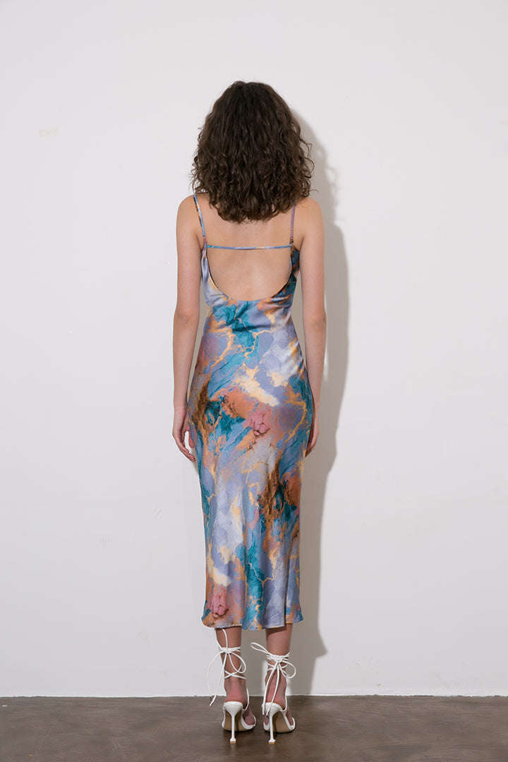 Abstract Print Backless Midi Slip Dress