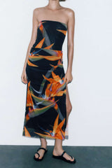 Printed Mesh Strapless Bodysuit And Ruched Split Skirt Set