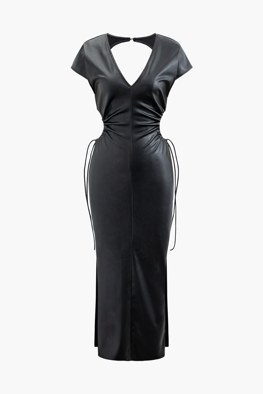 V-neck Faux Leather Cut Out Drawstring Midi Dress