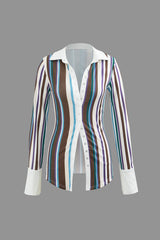 Striped Print Snap Button Long Sleeve Shirt