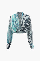 Printed Lantern Sleeve Twist Hem Shirt And Asymmetric Fringe Skirt Set